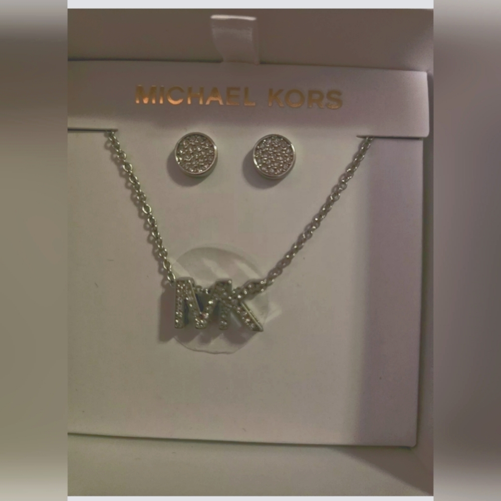 Michael Kors Silver-Tone Brass Logo Necklace and Earrings Set ++New in box++